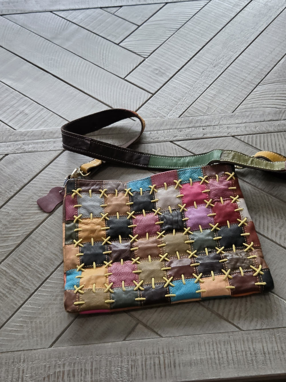 Colorblock Stitched Patchwork Rainbow Leather Crossbody Bag Boho Festival